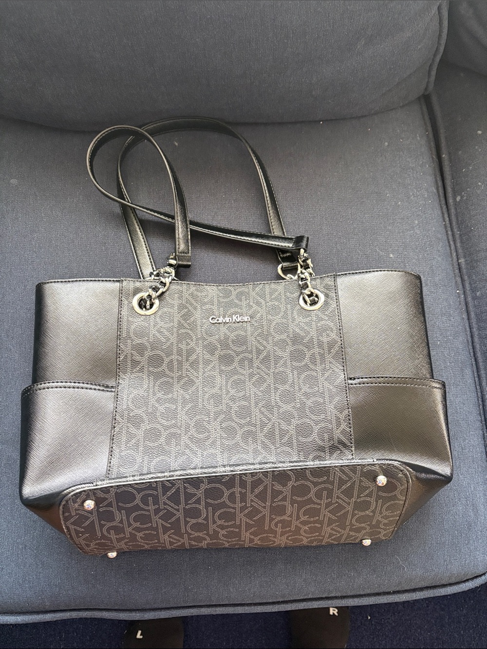 Calvin Klein Black Logo-Print Tote with Chain Accents